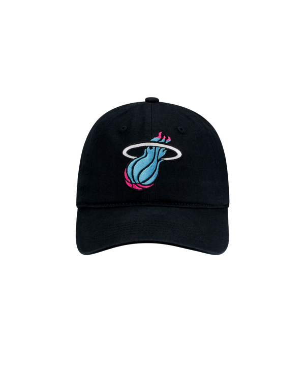The Item Of The Game Miami HEAT Original Vice Nights Logo Dad Hat is a black cotton hat with a blue, pink, and white flaming basketball logo on the front. Displayed on a light grey background. One size fits most; easy to spot clean.