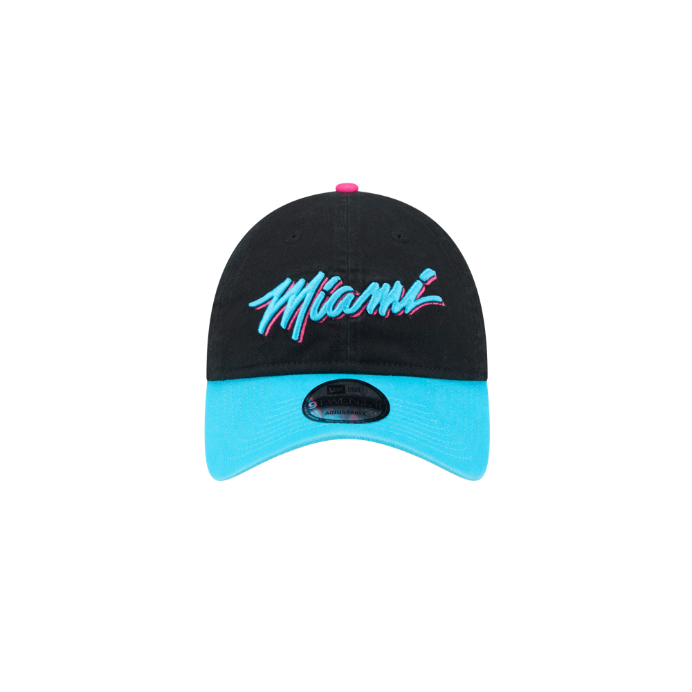 The New Era Miami HEAT Original Vice Nights Wordmark Dad Hat is a black and blue cotton cap with 
