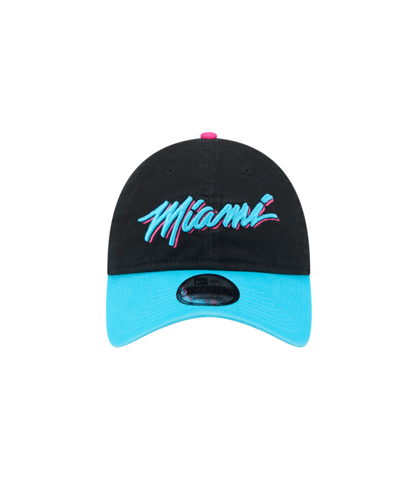 The New Era Miami HEAT Original Vice Nights Wordmark Dad Hat is a black and blue cotton cap with 