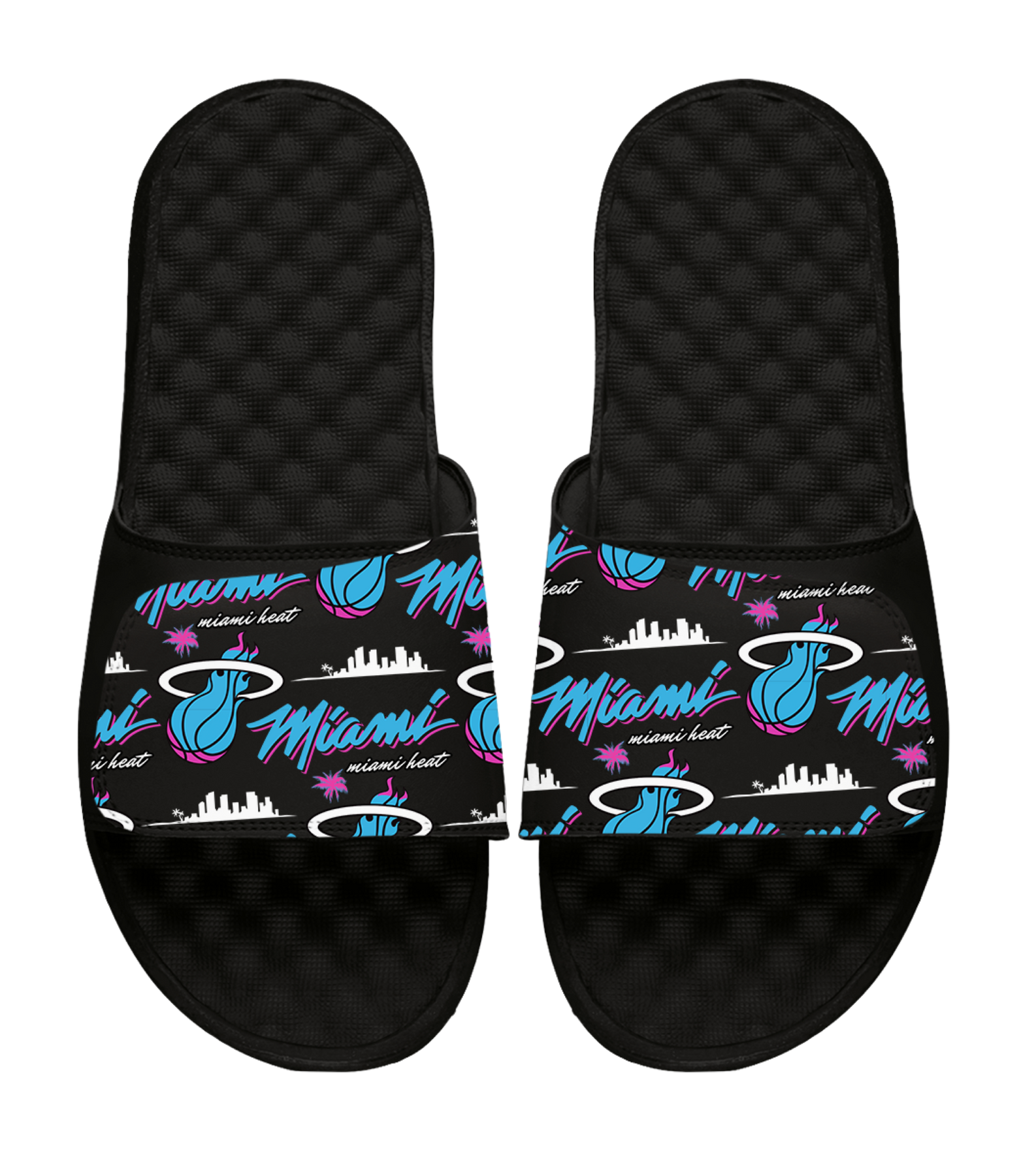 The ISlide Miami HEAT Original Vice Nights Pattern Sandals feature adjustable black straps with vibrant Miami HEAT graphics—including the logo, “Miami,” and a pink, blue, & white city skyline—perfect for comfortable recovery.