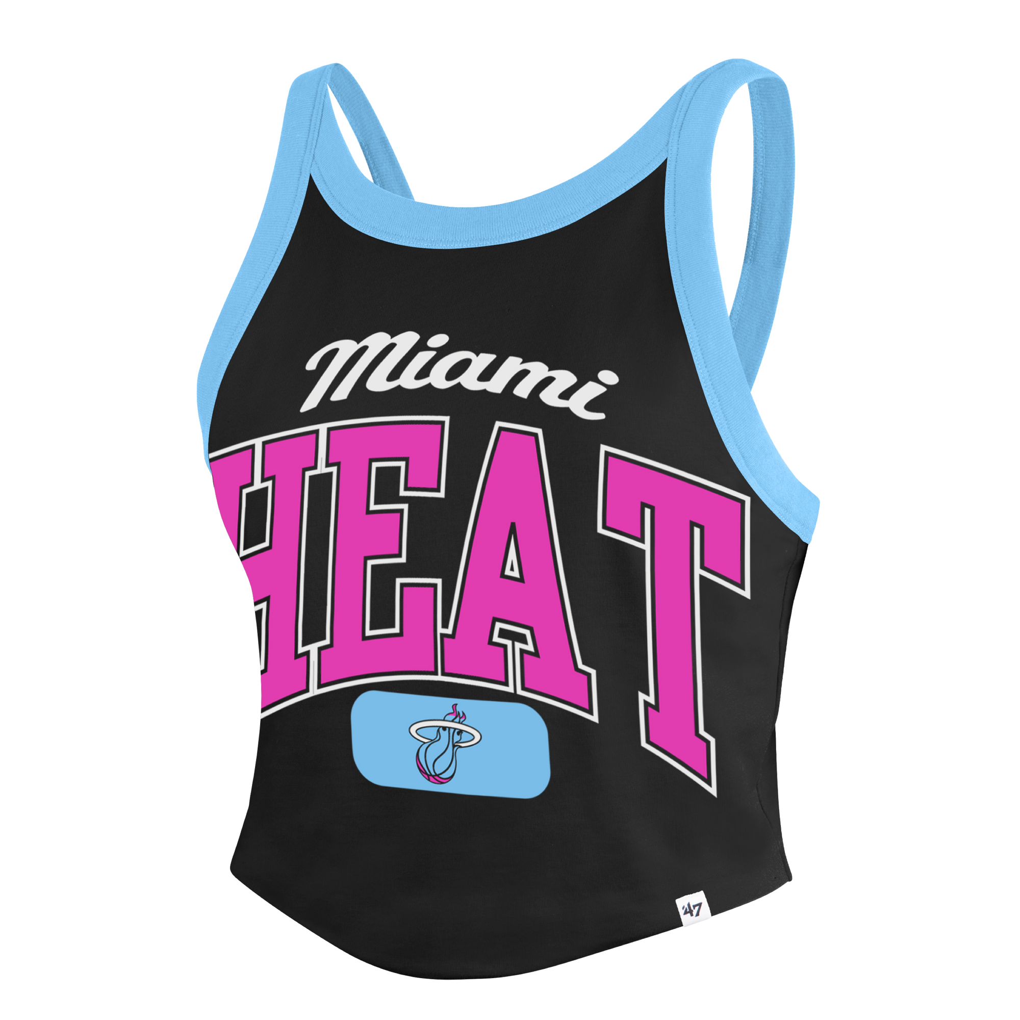 The '47 Brand Miami HEAT Original Vice Nights Women's Rally Tank Top is a black, standard fit tank with light blue trim, white and pink Miami HEAT lettering, team logo at the hem, and is made from machine washable cotton fabric.