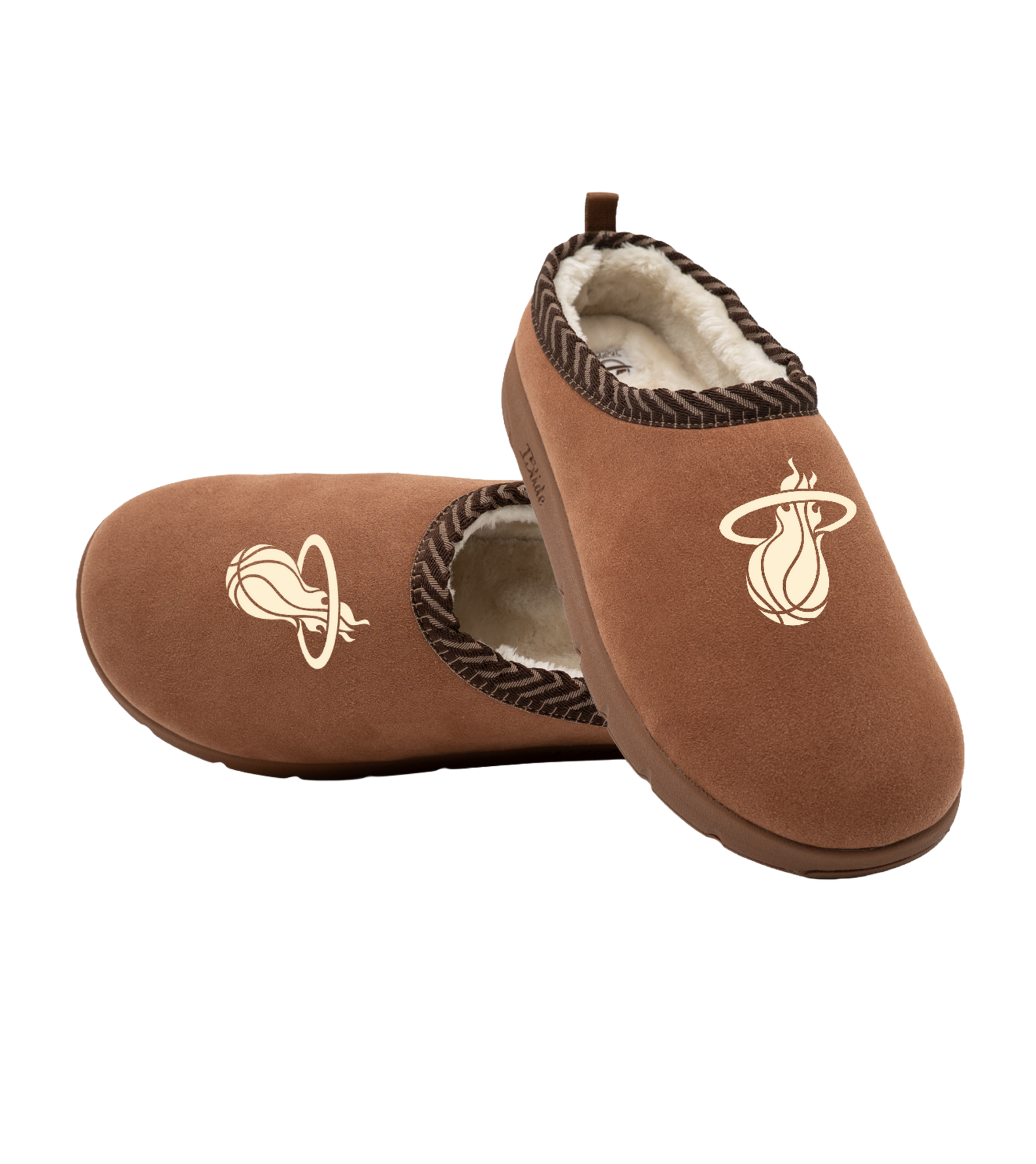 Tan ISlide Miami HEAT Cream Logo Mission Slipper with a fuzzy white faux fur lining and a Miami HEAT basketball logo on the toe.