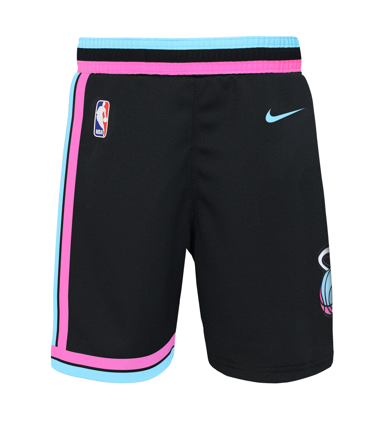 The Nike Miami HEAT Original Vice Nights Kids Replica Shorts feature black polyester with pink and blue trim, NBA and partial Heat logos, a turquoise waistband, vertical stripe details, and are machine washable.