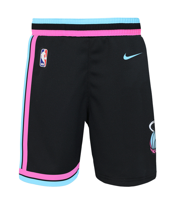 The Nike Miami HEAT Original Vice Nights Kids Replica Shorts feature black polyester with pink and blue trim, NBA and partial Heat logos, a turquoise waistband, vertical stripe details, and are machine washable.