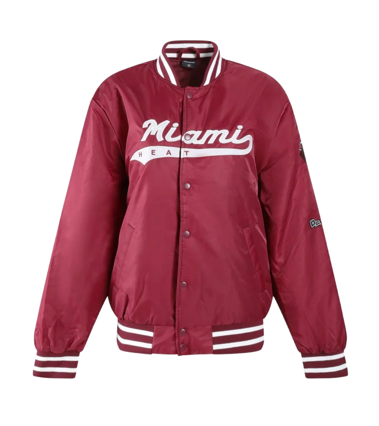 Red Miami HEAT varsity jacket with white striped ribbed collar, cuffs, and hem, front snap buttons, and script logo across. - Hype and Vice Miami HEAT Varsity Jacket