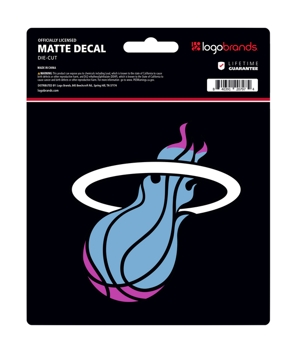 Show your team pride with the Miami HEAT Original Vice Nights Logo Decal by Logo Brands, featuring a stylish blue and purple flaming basketball logo with a white hoop—perfect for any fan.