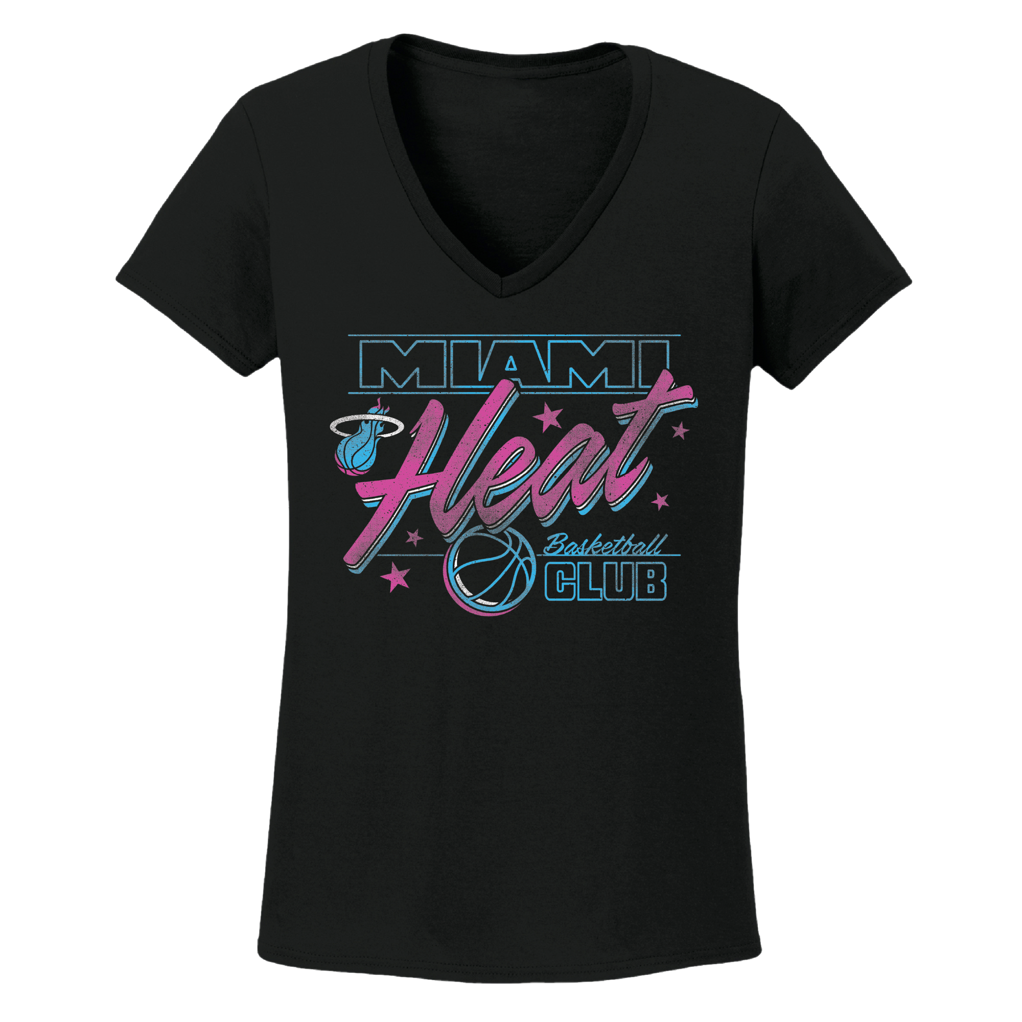 The Miami HEAT Original Vice Nights Basketball Club Women's Tee by Item Of The Game is a black, 100% cotton V-neck with blue, pink, and white retro graphics—stars, basketballs, and team logo. Standard fit. Machine wash cold for best care.