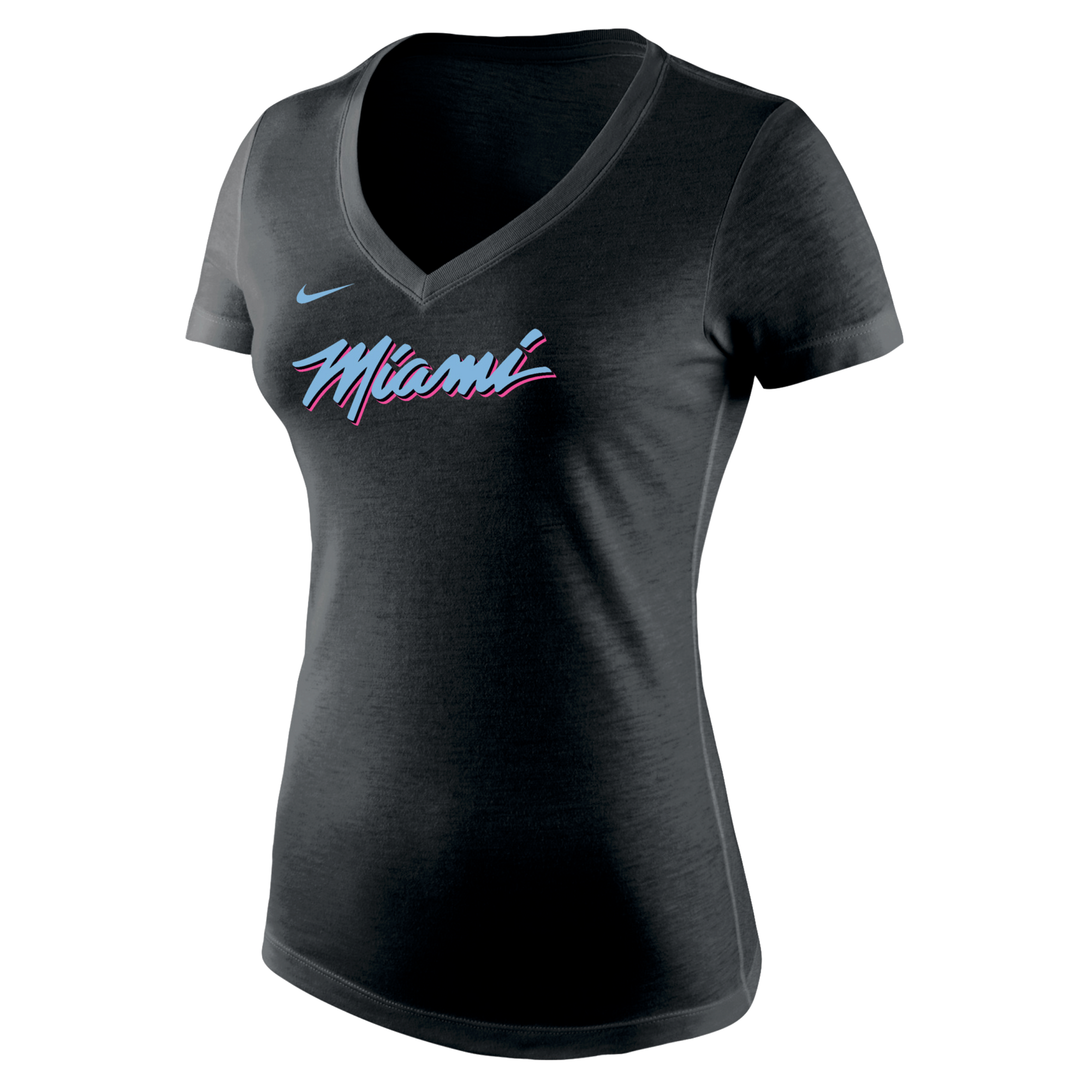 The Nike Miami HEAT Original Vice Nights Women's V-Neck Tee features “Miami” in pink and blue script, a small blue Nike logo above, is made from soft polyester-cotton-rayon, and is shown on a plain white background. Wash with like colors.