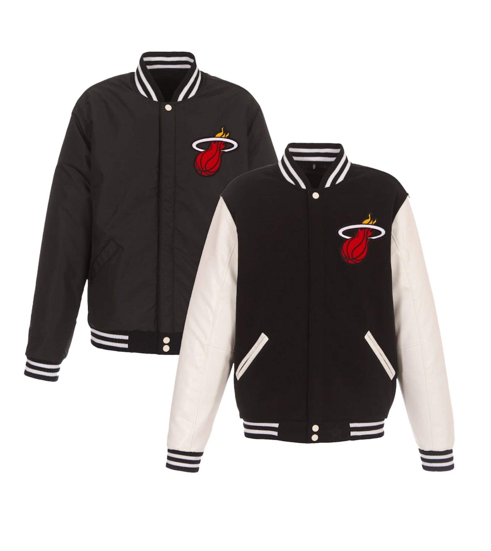 Two black JH Designs Miami HEAT Reversible Varsity Jackets with white-striped collars/cuffs, embroidered red basketball in white flaming hoop logo. One jacket has faux leather sleeves, the other features black sleeves.