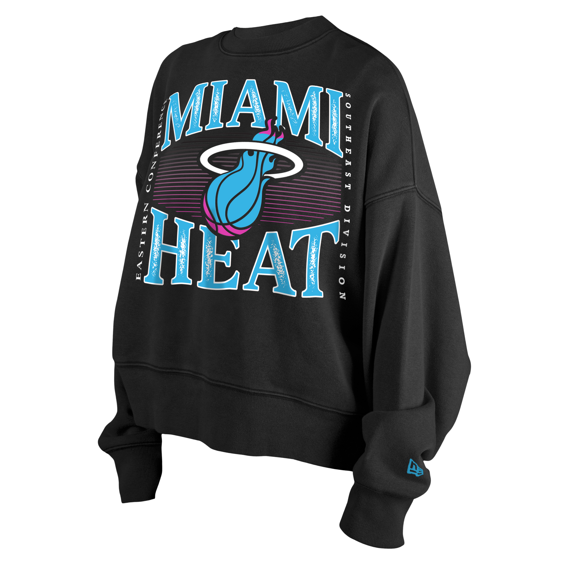 The New Era Miami HEAT Original Vice Nights Wordmark Women's Crewneck in black, size M, features a blue and pink stylized Miami Heat logo with 