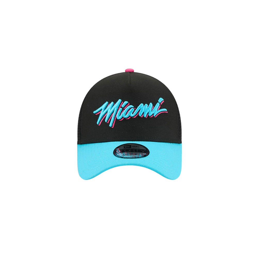 The New Era Miami HEAT Original Vice Nights Trucker Snapback features bold blue and pink 