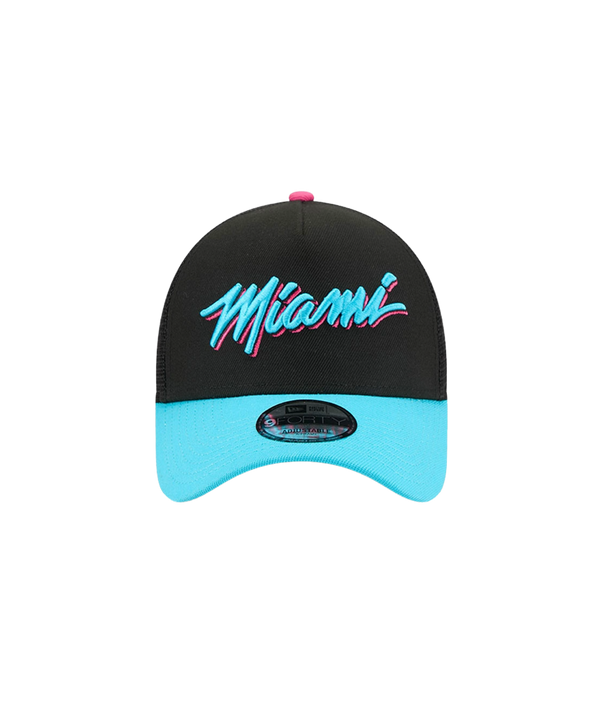 The New Era Miami HEAT Original Vice Nights Trucker Snapback features bold blue and pink 