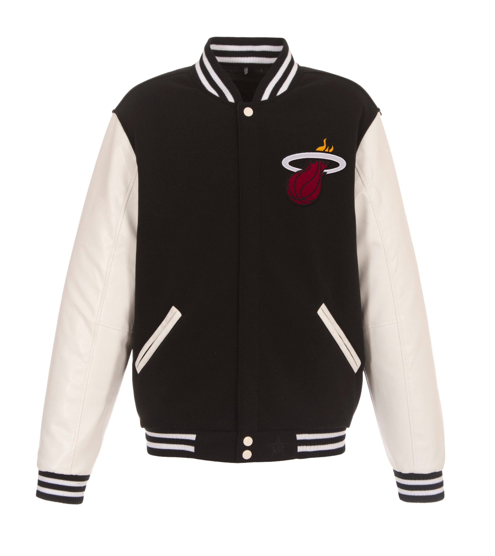 The JH Designs Miami HEAT Reversible Varsity Jacket features faux leather sleeves, striped cuffs and hem, an embroidered red and yellow Miami Heat logo on the chest, and two slanted front pockets.