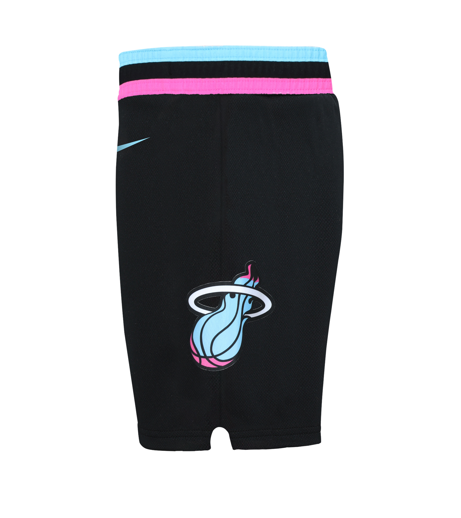 Nike Miami HEAT Original Vice Nights Toddler Replica Shorts feature black polyester fabric, a standard fit, pink/blue/white team logo, vibrant waistband stripes, and Nike swoosh. Machine wash cold.
