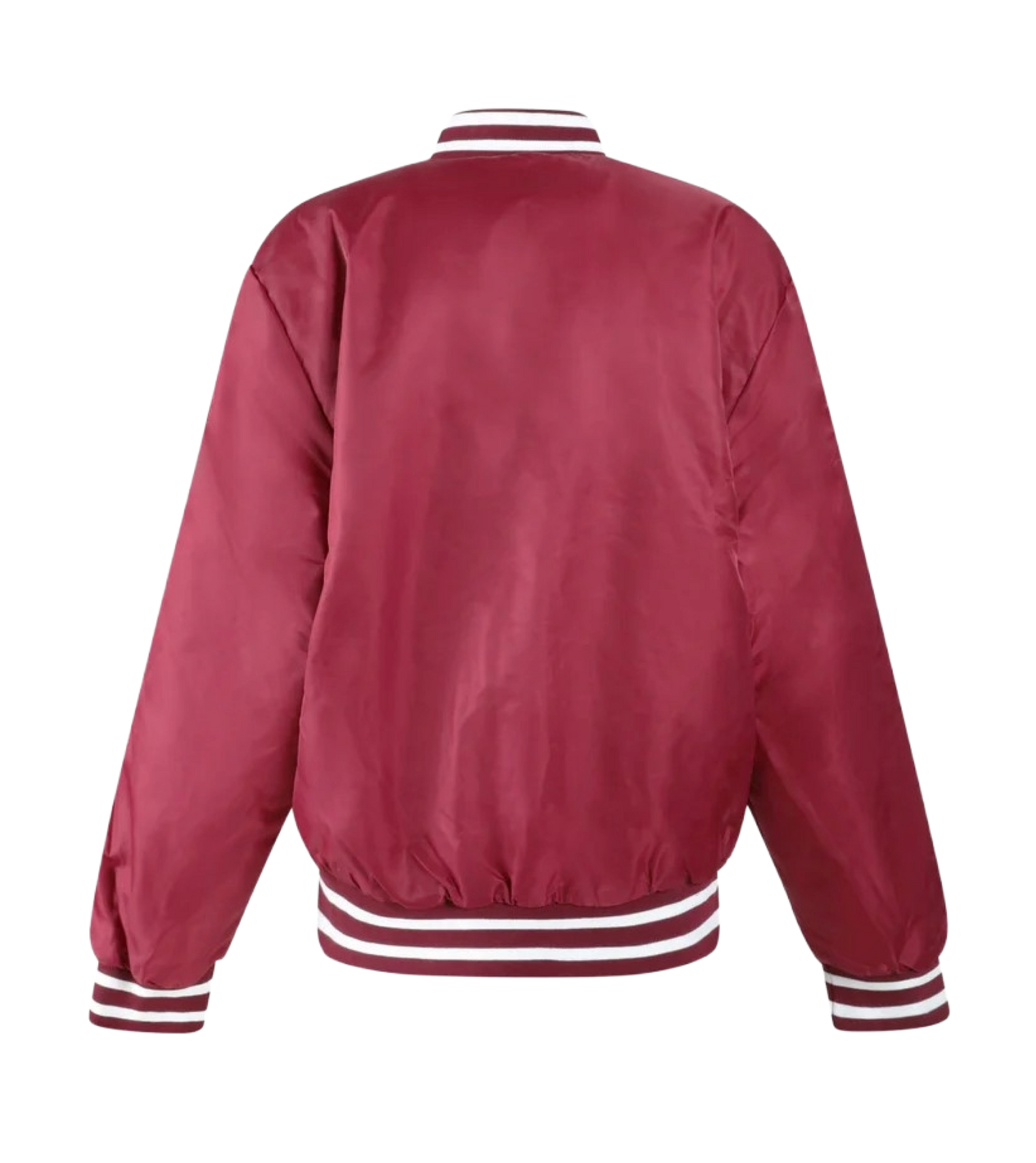 Red Miami HEAT varsity jacket with ribbed collar, cuffs, and hem featuring white stripes. - Hype and Vice Miami HEAT Varsity Jacket