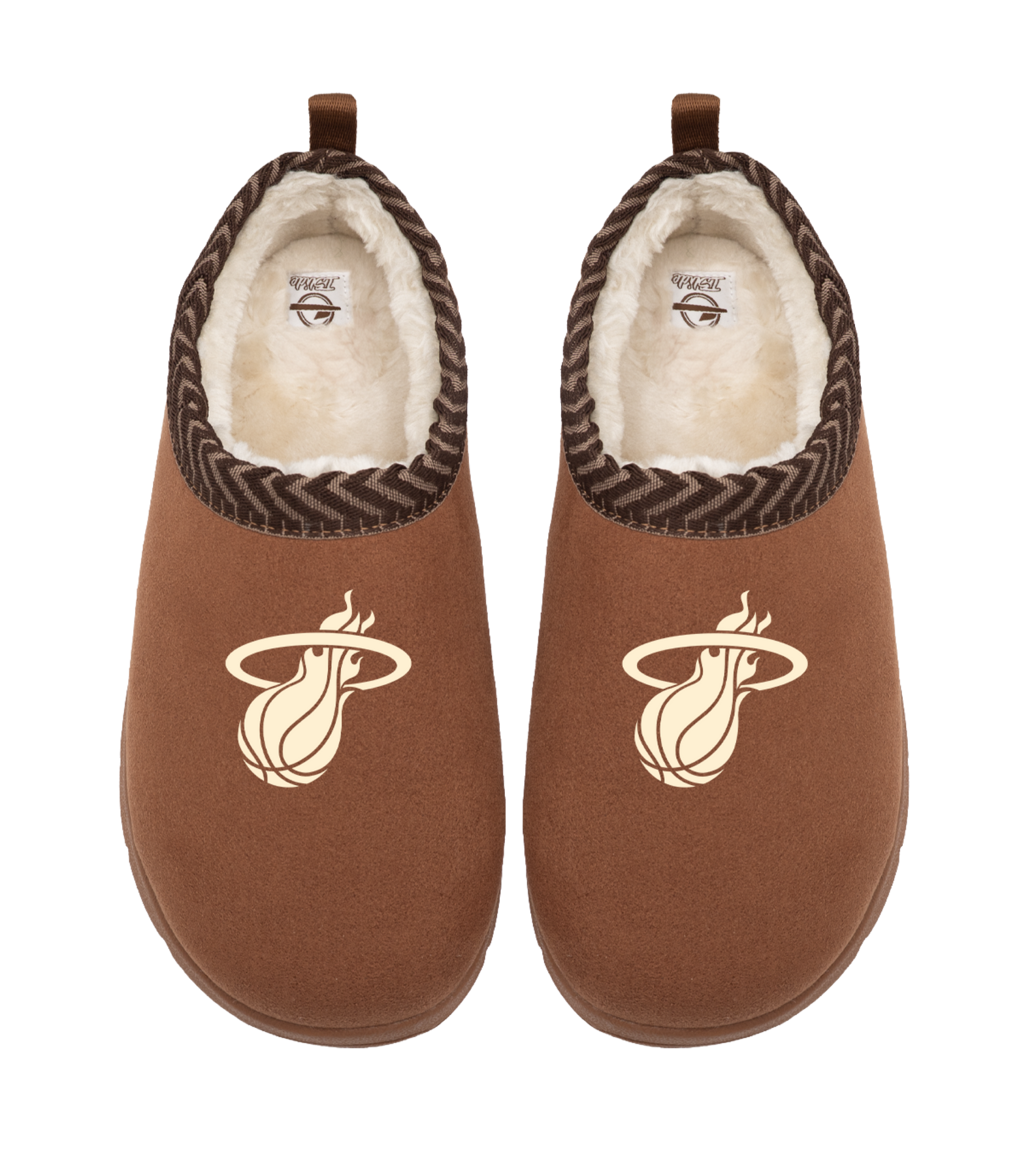 ISlide Miami HEAT Cream Logo Mission brown house slippers with a fuzzy faux fur lining and a basketball-shaped flaming Miami HEAT logo on the front.