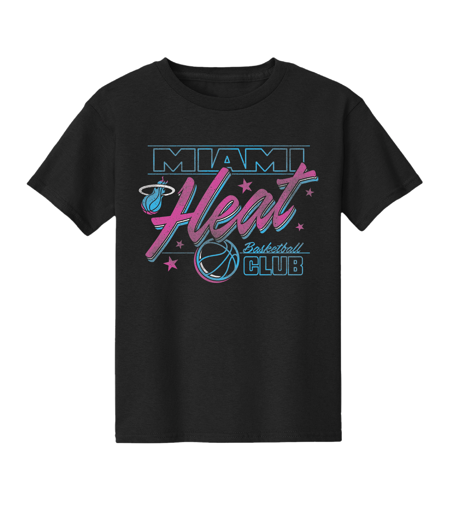 The Miami HEAT Original Vice Nights Basketball Club Youth Tee by Item Of The Game features a black cotton fabric, retro blue and pink Miami Heat Basketball Club text, basketball graphics, stars, standard fit, and is machine washable.