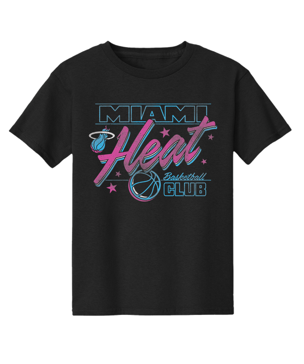 The Miami HEAT Original Vice Nights Basketball Club Youth Tee by Item Of The Game features a black cotton fabric, retro blue and pink Miami Heat Basketball Club text, basketball graphics, stars, standard fit, and is machine washable.