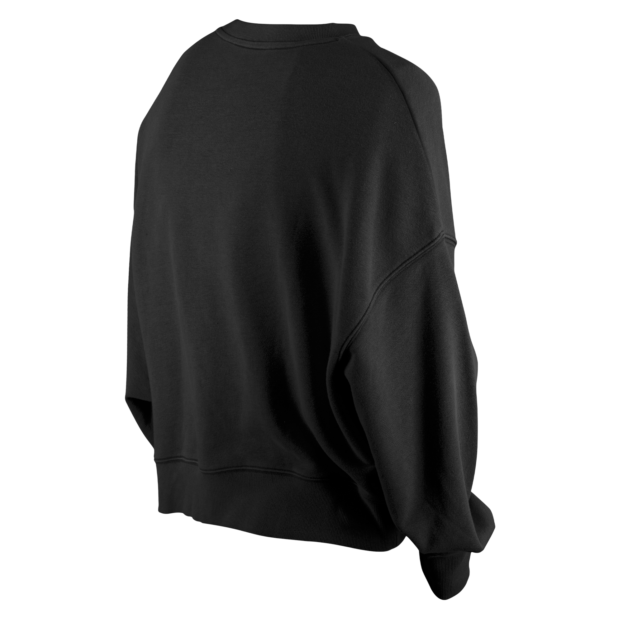 The New Era Miami HEAT Original Vice Nights Wordmark Women's Crewneck in black, size M, is displayed from the back at an angle on a white background. It features an oversized cropped fit with long sleeves, dropped shoulders, and a soft cotton-polyester blend.