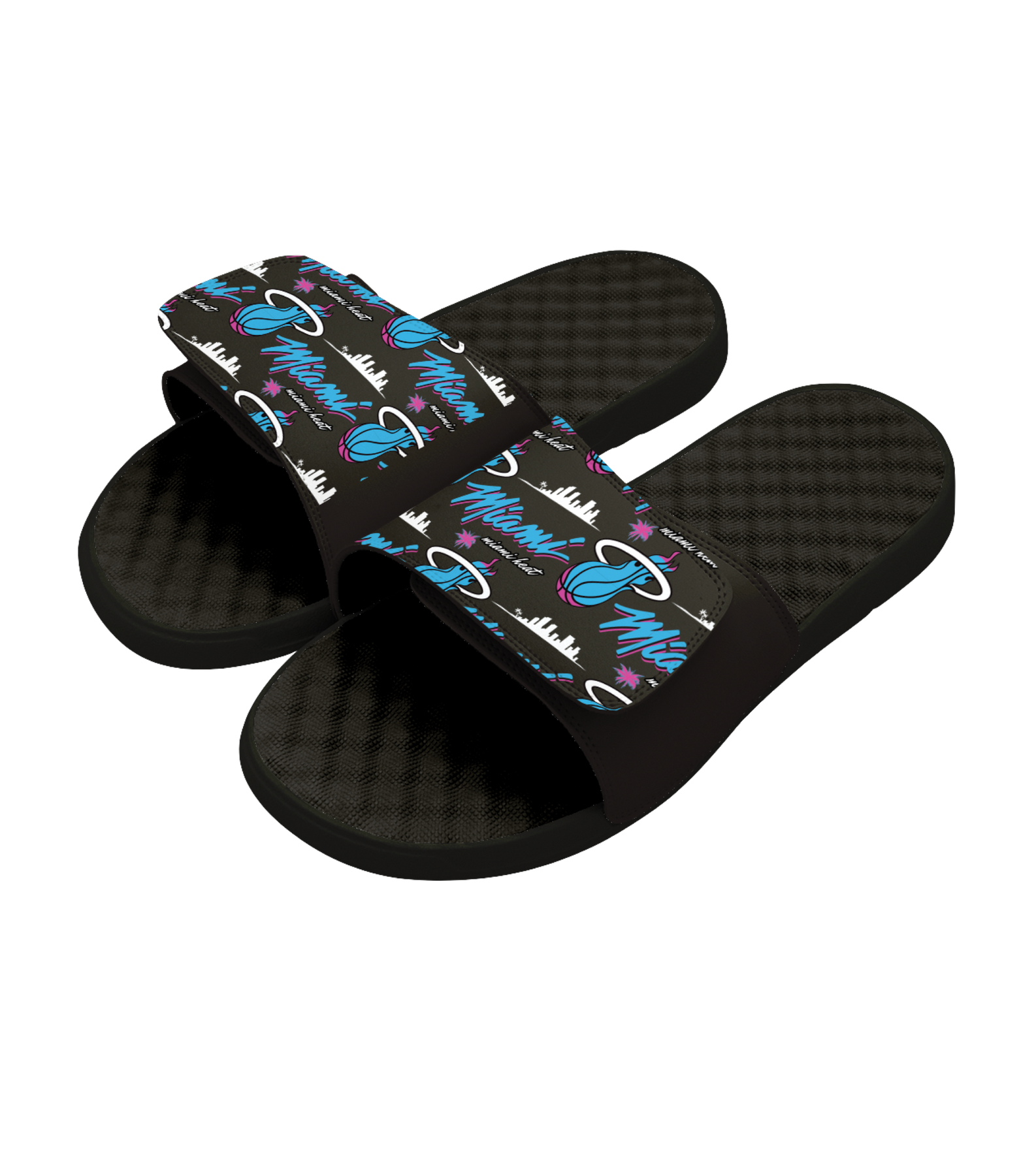ISlide Miami HEAT Original Vice Nights Pattern Sandals by ISlide feature adjustable black straps, a vibrant Miami-themed blue, pink, and white graphic with palm trees and city skyline, plus textured footbeds for comfort.