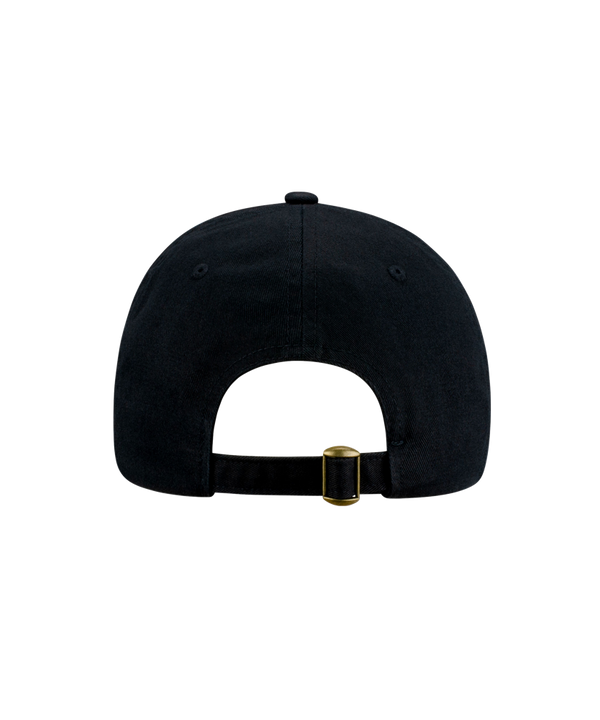 The Item Of The Game Miami HEAT Original Vice Nights Logo Dad Hat is a black cotton hat with a blue, pink, and white flaming basketball logo on the front. Displayed on a light grey background. One size fits most; easy to spot clean.