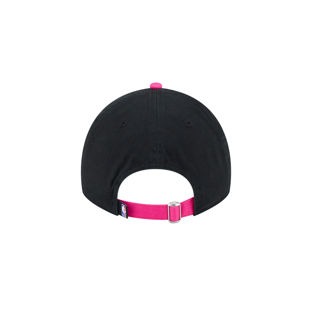 The New Era Miami HEAT Original Vice Nights Wordmark Dad Hat is a black cotton cap shown from the back, with a pink adjustable strap, metal buckle, small NBA logo tag, and 