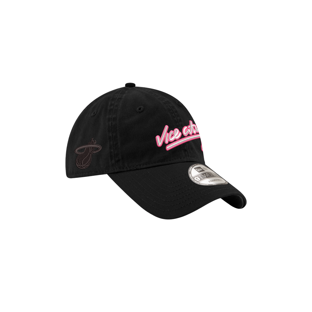 Court Culture x New Era Vice City Logo Dad Cap: Black, 100% cotton with pink script, curved bill, side logo, New Era sticker. One size fits most; spot clean only.