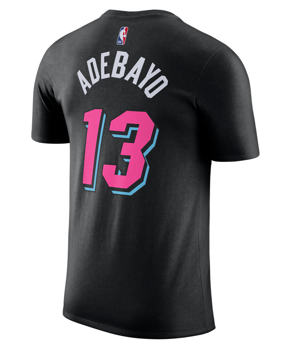 The Bam Adebayo Nike Original Vice Nights Name & Number Tee is a black, washable cotton t-shirt with 