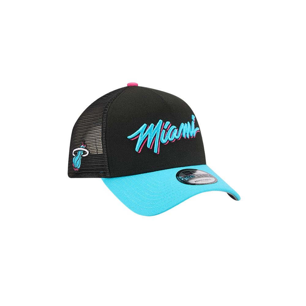 The New Era Miami HEAT Original Vice Nights Trucker Snapback features a black and turquoise polyester build, mesh back, Miami in bright blue and pink script, Heat logo on the side, adjustable fit, and is spot clean only.