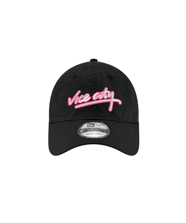 The Court Culture x New Era Vice City Logo Dad Cap features black 100% cotton, pink Vice City cursive logo, curved brim with New Era sticker, and an adjustable fit. Spot clean only. One size fits most.
