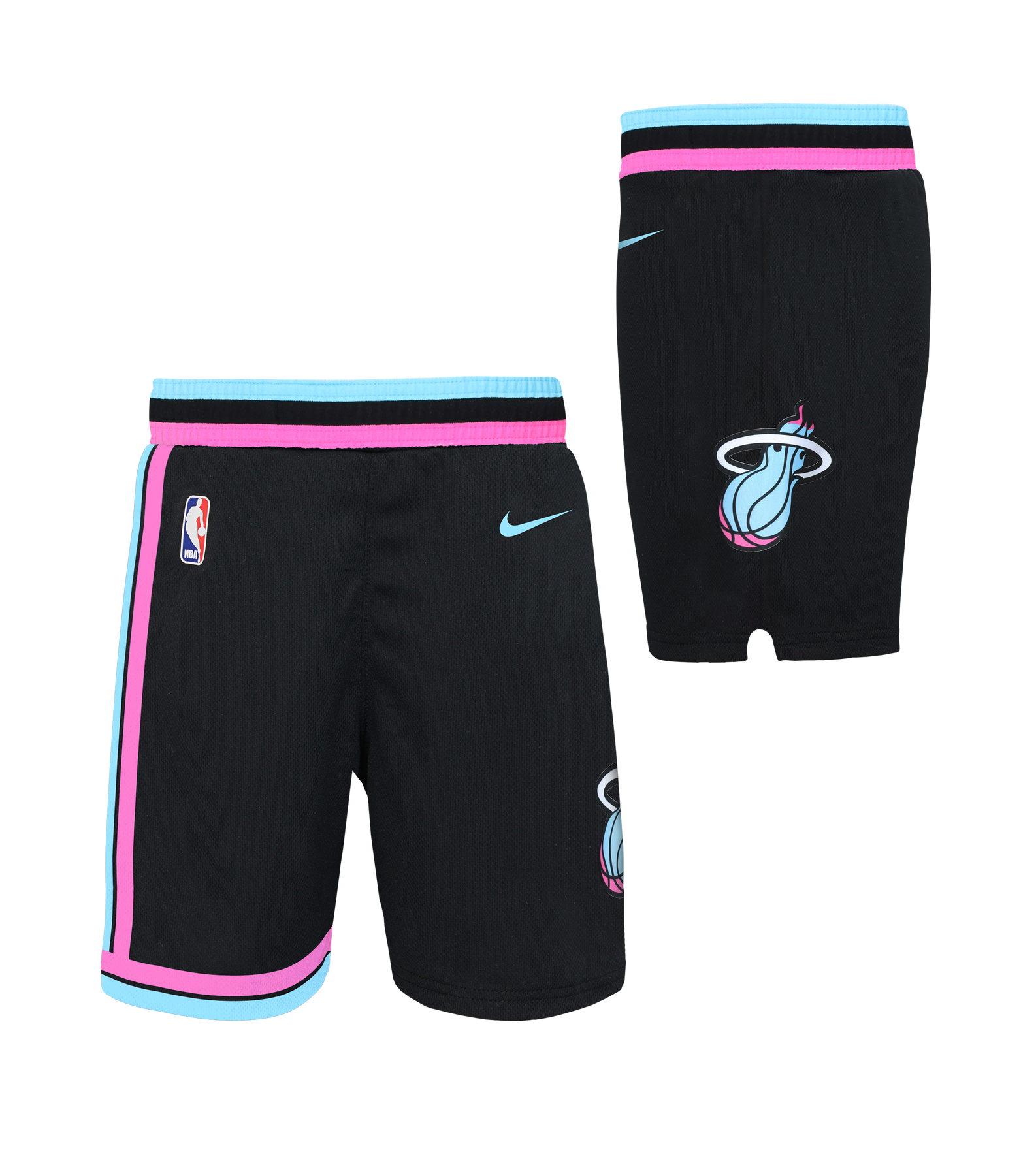 Nike Miami HEAT Original Vice Nights Kids Replica Shorts feature black polyester with pink and blue trim, NBA and Nike logos on the front, and a bold Miami Heat logo on the back right leg. Standard fit; machine wash cold. Front and back views shown.