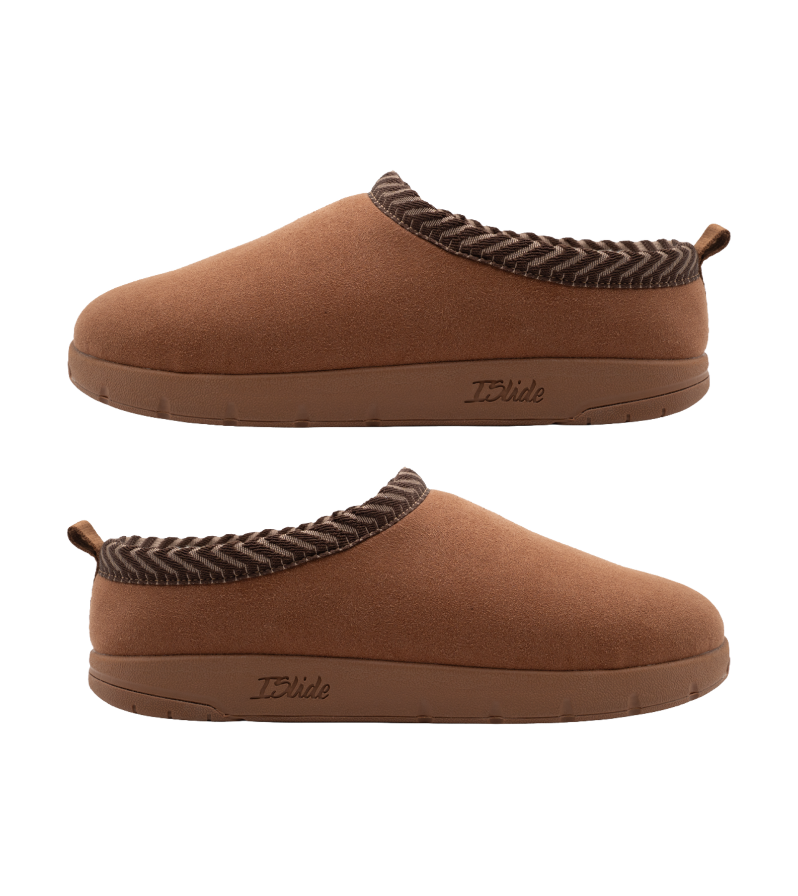 A pair of tan ISlide Miami HEAT Cream Logo Mission Slippers with a dark brown, chevron-patterned trim around the collar and a logo embossed on the side of the thick soles.