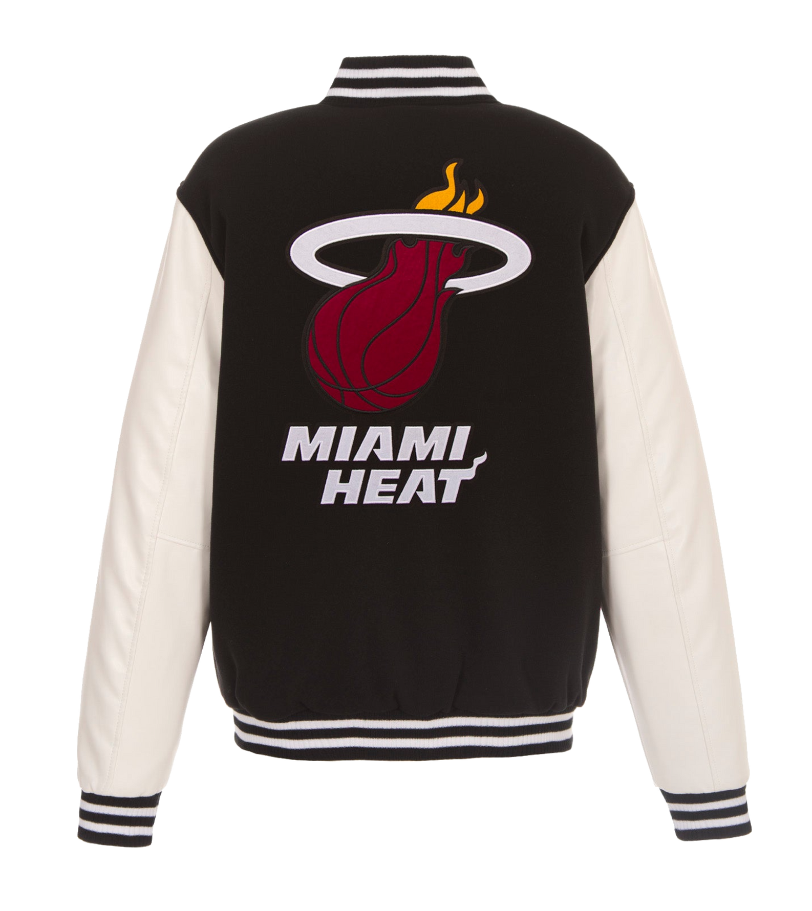 The JH Designs Miami HEAT Reversible Varsity Jacket features black fleece, faux leather white sleeves, embroidered logos, and the flaming basketball through a white hoop on the back.