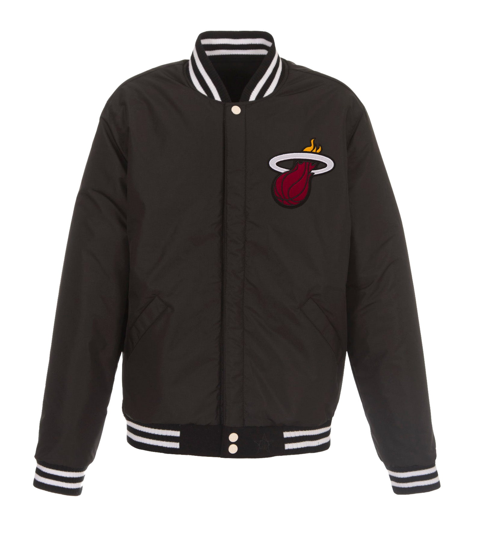 The JH Designs Miami HEAT Reversible Varsity Jacket features faux leather sleeves, white striped trims, and an embroidered team logo on the chest, combining classic style with authentic NBA spirit.