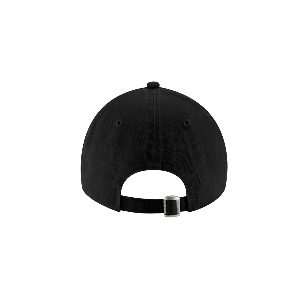 The Court Culture x New Era Vice City Logo Dad Cap is shown from the back, featuring an adjustable strap with a metal buckle. Made from 100% cotton by New Era, one size fits most. Plain white background.