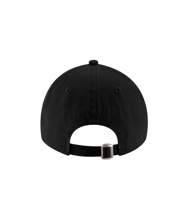 The Court Culture x New Era Vice City Logo Dad Cap features black 100% cotton, pink Vice City cursive logo, curved brim with New Era sticker, and an adjustable fit. Spot clean only. One size fits most.