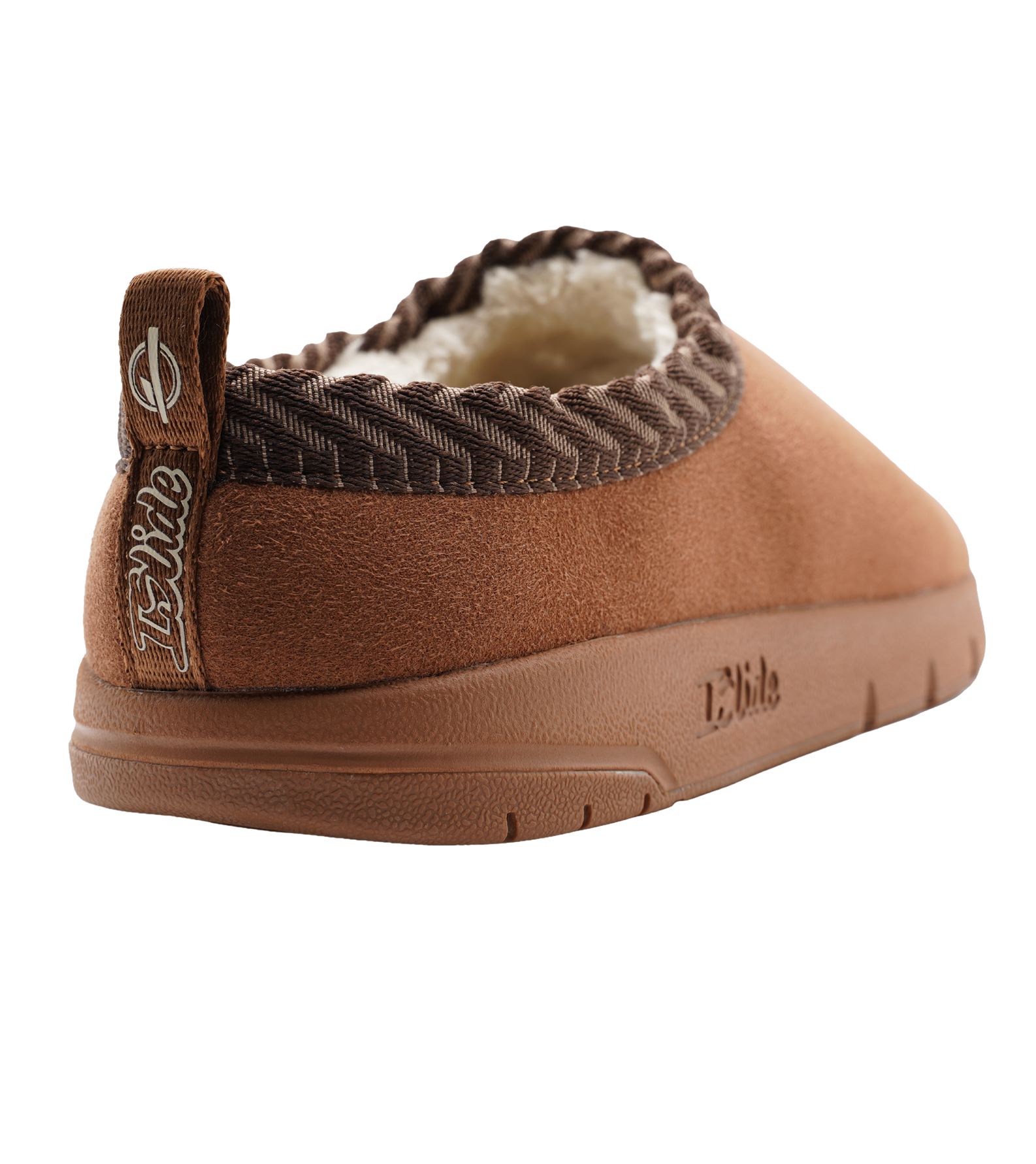 Brown ISlide Miami HEAT Cream Logo Mission Slipper with a faux fur lining, brown herringbone trim, and a branded pull tab on the heel.