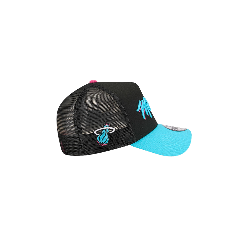 The New Era Miami HEAT Original Vice Nights Trucker Snapback is a black and turquoise polyester hat with a mesh back, side embroidered Miami Heat logo, turquoise visor stitching, and an adjustable fit.