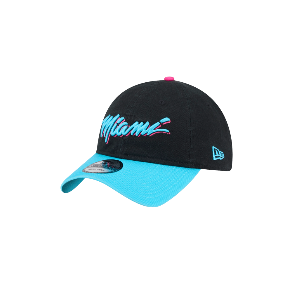 The New Era Miami HEAT Original Vice Nights Wordmark Dad Hat features black and blue cotton, colorful 