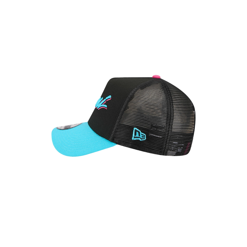 The New Era Miami HEAT Original Vice Nights Trucker Snapback has black mesh, a bright blue brim, pink button, colorful front logo, and an embroidered design. One size fits most; spot clean. Shown on a white background.
