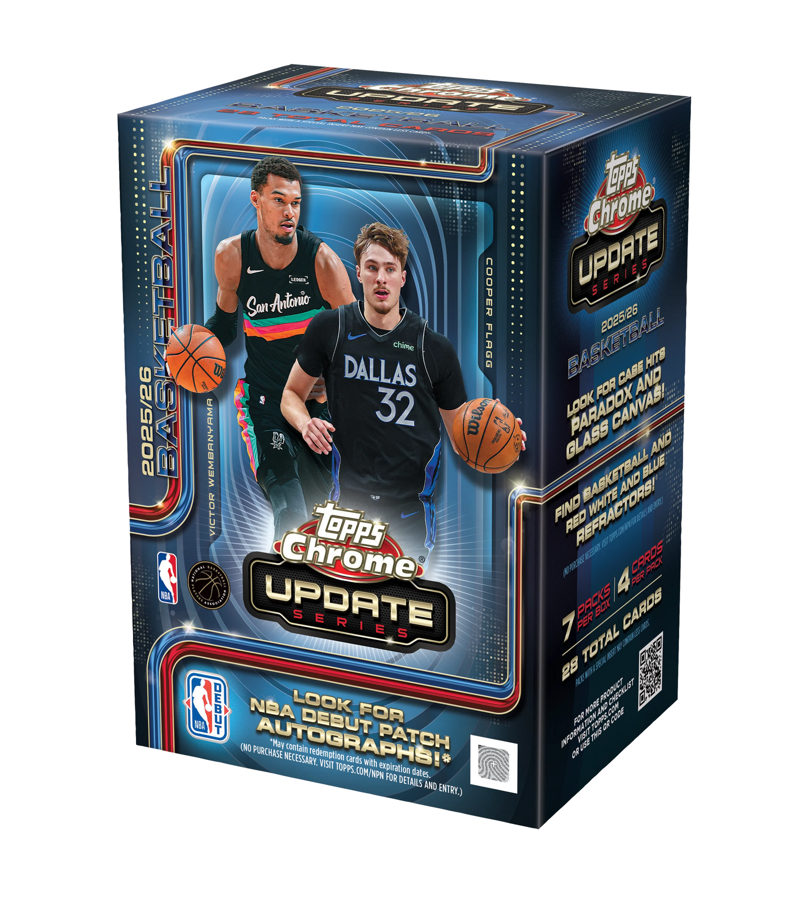 The 2025–26 Topps Chrome Updates Basketball Value Box by TOPPS features images of two basketball players, numbered card details, and vibrant graphics. The packaging highlights exciting NBA Debut Patch Autographs and exclusive Rookie Debut Patch Autographs.