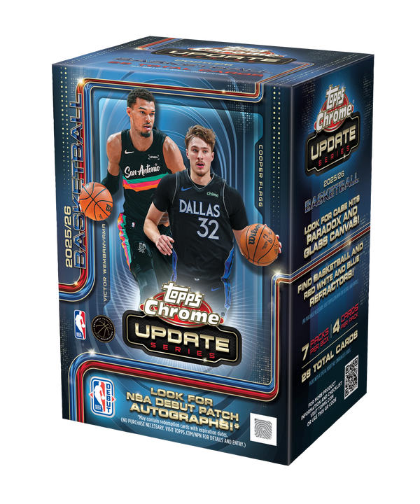 The 2025–26 Topps Chrome Updates Basketball Value Box by TOPPS features images of two basketball players, numbered card details, and vibrant graphics. The packaging highlights exciting NBA Debut Patch Autographs and exclusive Rookie Debut Patch Autographs.