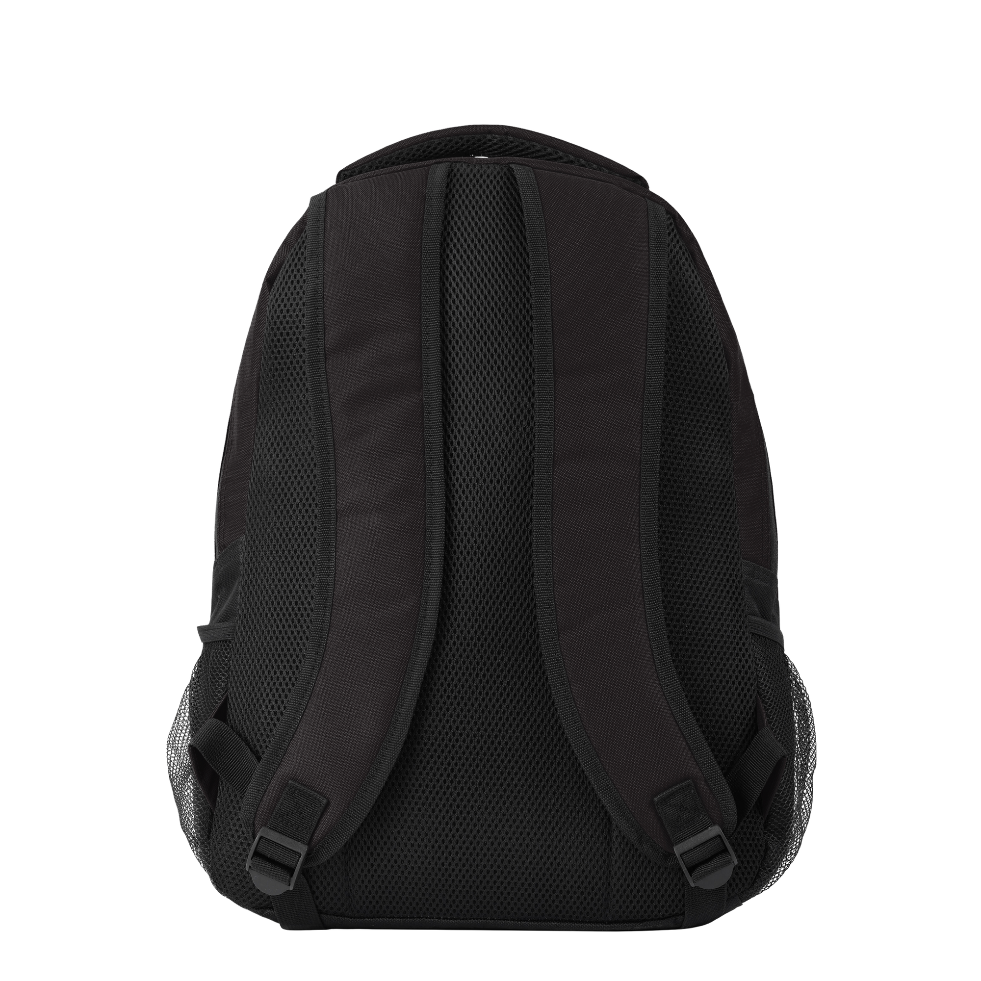 The Forever Collectibles Miami HEAT Original Vice Nights Backpack is displayed from the back in black polyester, featuring adjustable shoulder straps for a personalized fit, mesh side pockets, a secure zippered pocket, and a textured back panel—all set against a plain white background.