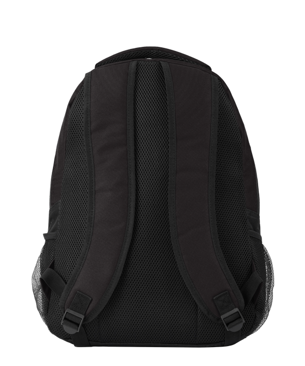 The Miami HEAT Original Vice Nights Backpack by Forever Collectibles is a black polyester backpack showcasing a blue and pink basketball logo with a white hoop at the top, plus the word 