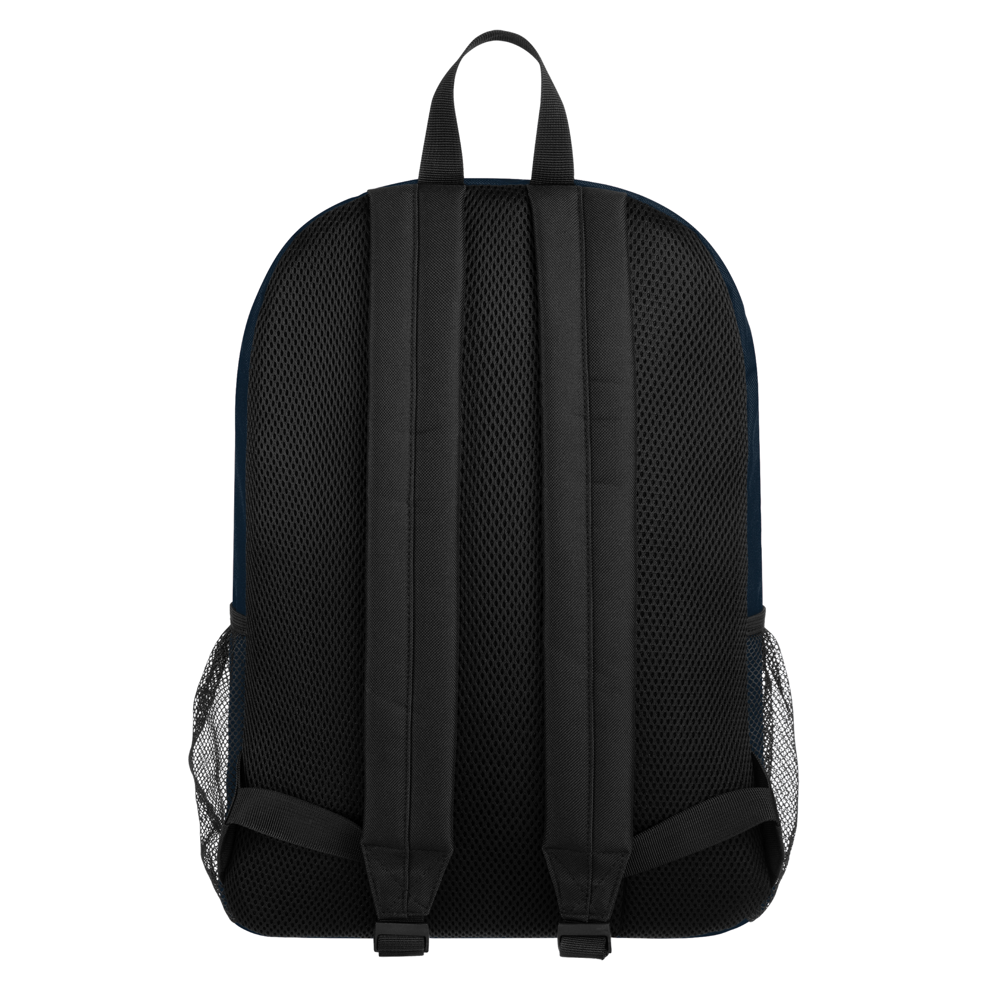 A black polyester Miami HEAT Original Vice Nights Backpack by Forever Collectibles is shown from the back, featuring two adjustable shoulder straps, mesh side pockets, a top carrying loop, a textured breathable fabric panel, and a convenient zippered pocket for secure storage.