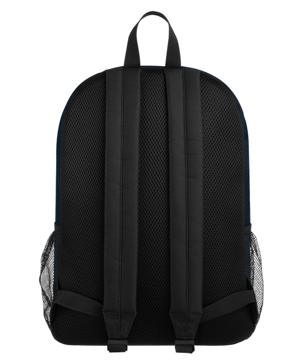 The Miami HEAT Original Vice Nights Backpack by Forever Collectibles is a black polyester backpack showcasing a blue and pink basketball logo with a white hoop at the top, plus the word 