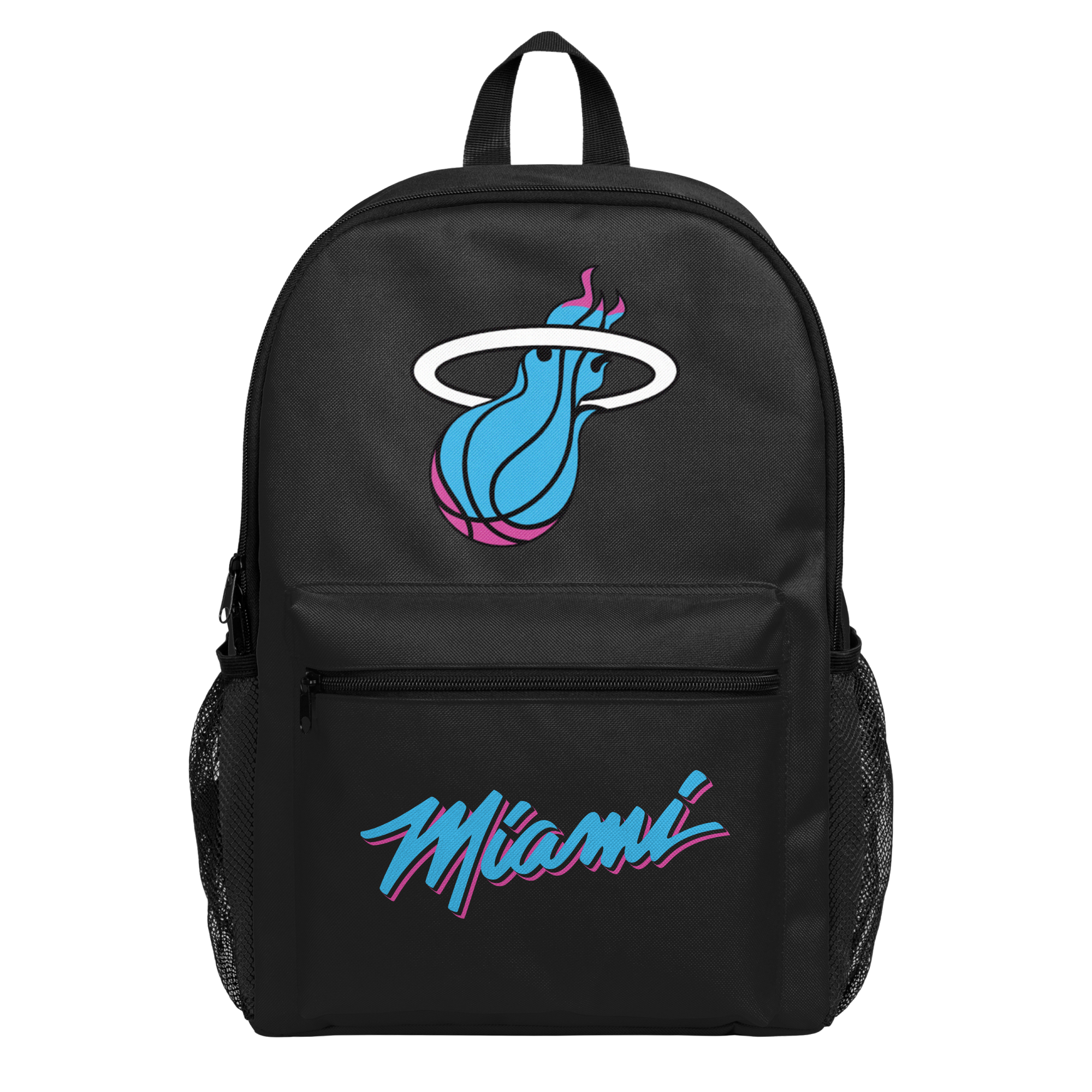 The Miami HEAT Original Vice Nights Backpack by Forever Collectibles is a black polyester backpack showcasing a blue and pink basketball logo with a white hoop at the top, plus the word 