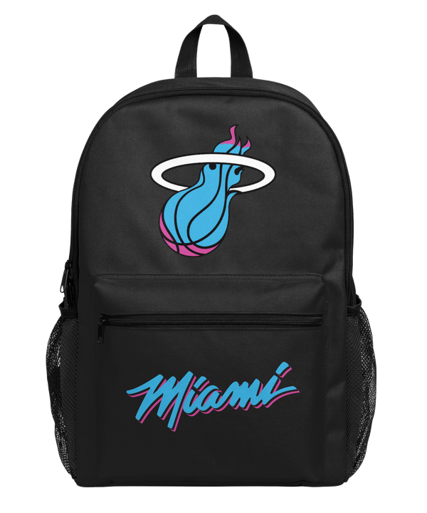 The Miami HEAT Original Vice Nights Backpack by Forever Collectibles is a black polyester backpack showcasing a blue and pink basketball logo with a white hoop at the top, plus the word 