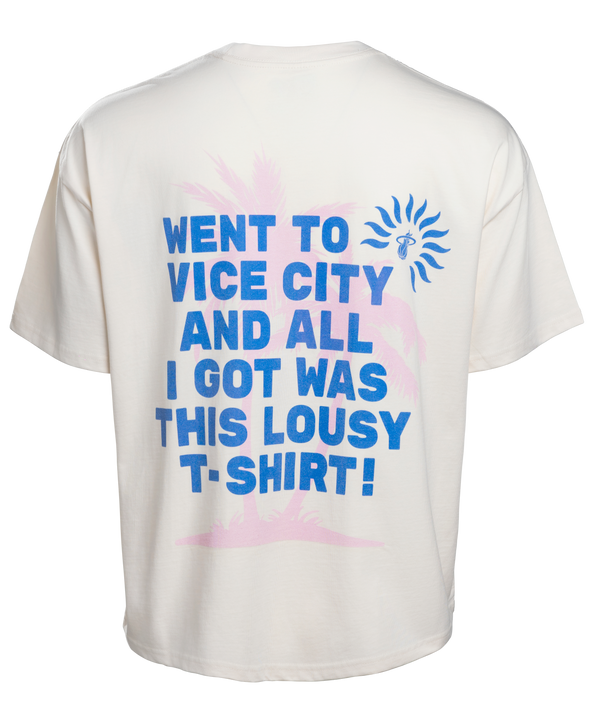 The Court Culture Vice City Souvenir Oversized Tee is a white 100% cotton shirt with blue text on the back, plus a pink palm tree and blue sun graphic. Machine wash cold.