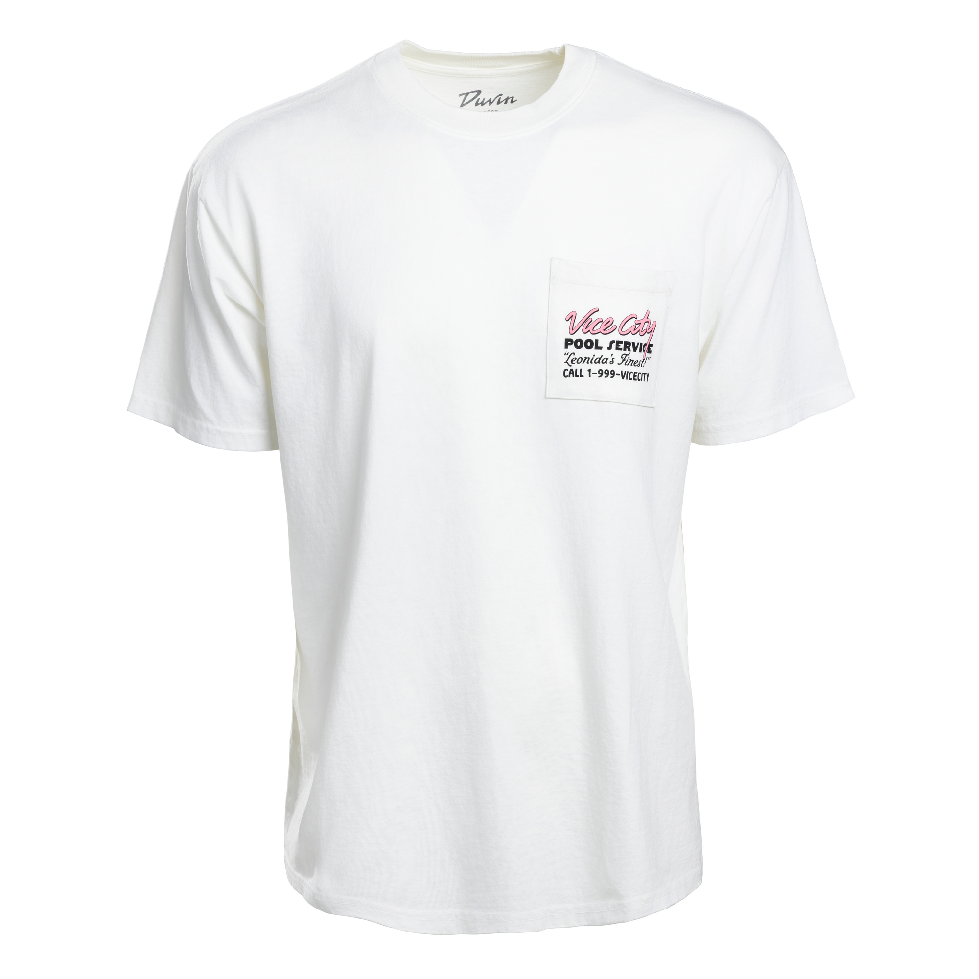 The Court Culture x Duvin Vice City Pool Service Pocket Tee is a white, boxy fit short-sleeve shirt with a chest pocket and bold red and black Velo Club Pool Fines print—vintage streetwear for everyday wear.
